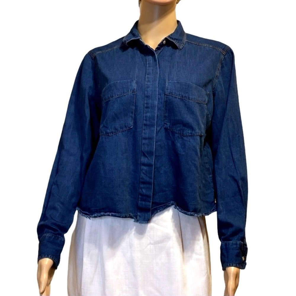 Denim Shirt Womens Long Sleeve Button Down Raw Hem Cropped Jean blouse top Large